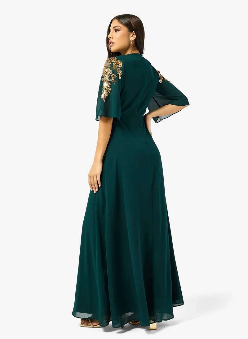 Hope & Ivy Plunge Front Embellished   Flutter Sleeve Maxi Dress